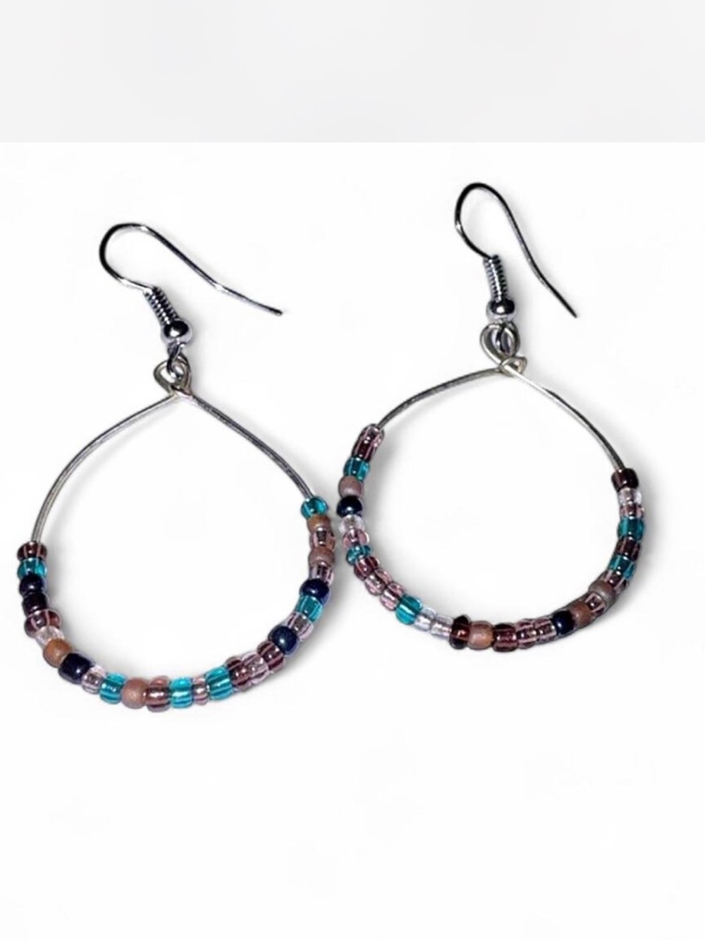 Glass Bead Teardrop Hoop Earrings - Teal & Brown